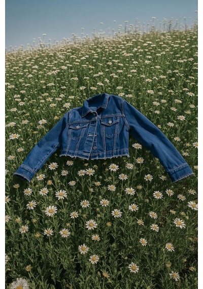 Kadın Püsküllü Crop Jean Ceket mavi