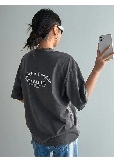 Flood Of Style Kadın Füme Capable Baskılı Bisiket Yaka Tshirt Gri