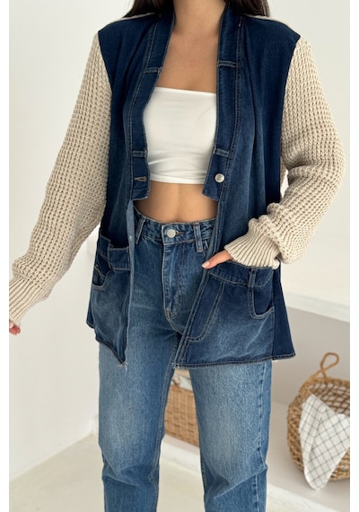 Femelle Bej Kolları Ve Sırtı Triko Kot Denim Oversize Hırka Cepli Standart Beden