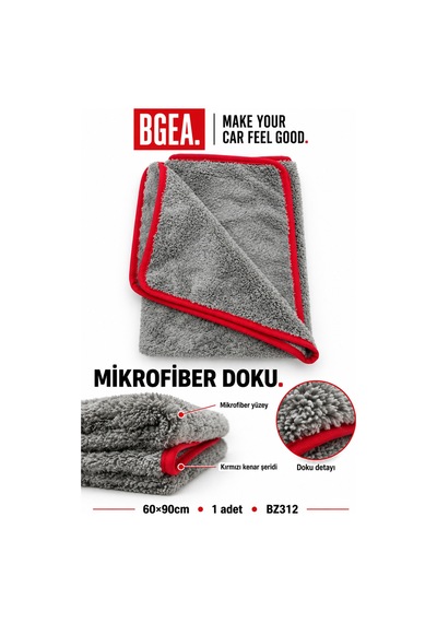 Bgea Mikrofiber Araç Kurulama Havlusu 60x90 Cm Gri Kırmızı Kenarlı 1 Adet