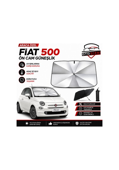 Fiat 500 Şemsiye Tip Ön Cam Güneşliği Katlanabilir Uv Korumalı Araç Cam Güneşlik