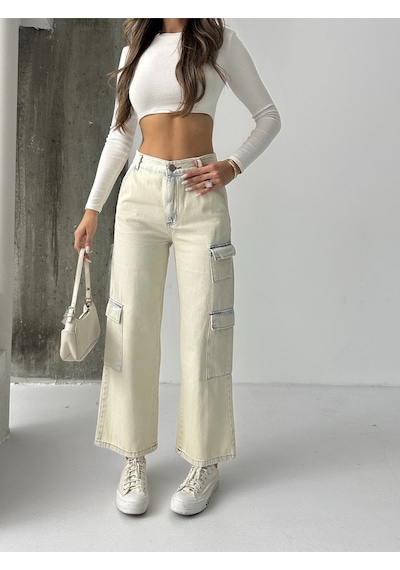 Blue Marlın Kadin Kargo Cepli Tintli Buz Kar Bol Paça Kot Jeans Krem