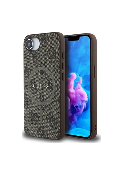 Apple Uyumlu iPhone 16e Kılıf Guess Lisanslı M-safe Pu Halkalı 4g Desenli Yazı Logolu Kapak Kahve