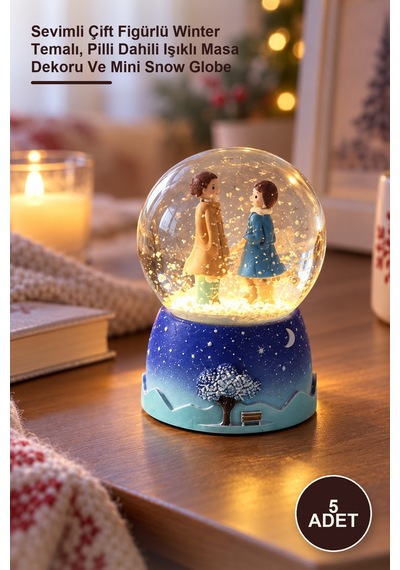 5 Adet Mini Işıklı Kar Küresi Sevimli Çift Figürlü Winter Temalı, Pilli Dahili Işıklı Masa Dekoru Ve Mini Snow Globe
