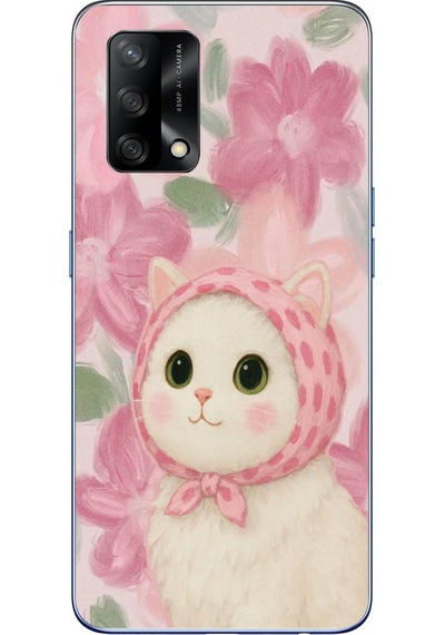 Oppo A74 Uyumlu Pembe Örtülü Kedi Baskılı Silikon Kılıf Renkli