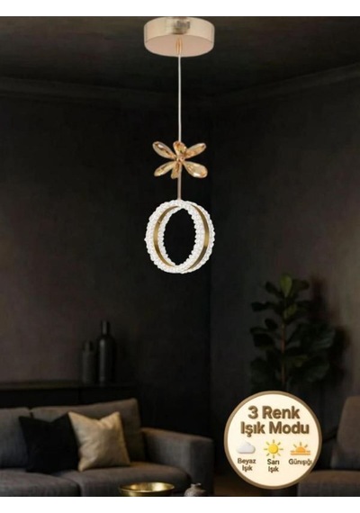 Zero Model Kristal Taşlı Gold 3 Renk Modu Ledli Salon Mutfak Oturma Odası Sarkıt Led Avize Gold