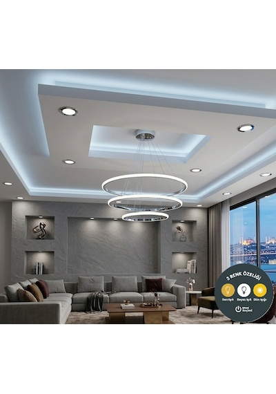 3 Lü Çember Modern Krom Avize Salon & Yemek Masası Sarkıt Aydınlatma