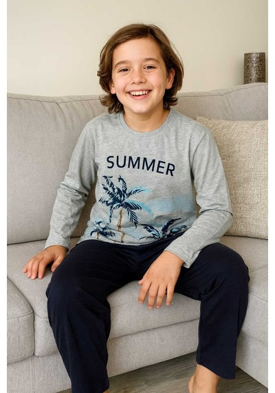 Çocuk Pijama Takımı %100 Pamuk Gri