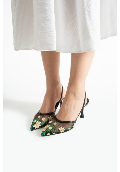 Lebibe Shoes Daısy Çiçek İşlemeli Tül Dokulu 7cm Bantlı Siyah Topuklu Ayakkabı