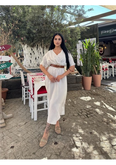 WeShaya Taş Kruvaze Midi Kemerli Elbise Taş