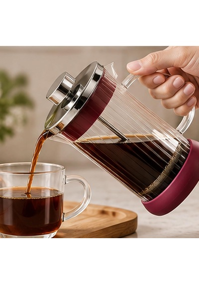 Cam French Press Kahve Ve Çay Demleme Presi, Metal Filtreli Pistonlu Demlik, Şeffaf Kulplu Tasarım 350 Ml, Bordo Diğer
