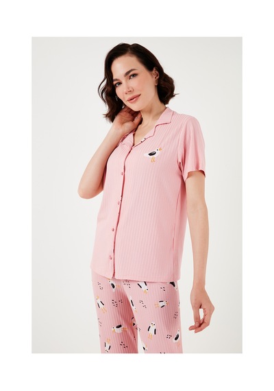 Lela Regular Fit Gömlek Yaka Kısa Kollu Bayan Pijama Takımı 65740102 Pembe