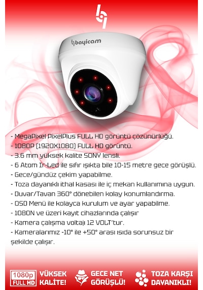 Bayicam 8 Kameralı Dome 8 İç Kamera Set 2 TB HDD Full HD Gece Görüşlü Güvenlik Kamerası Sistemi