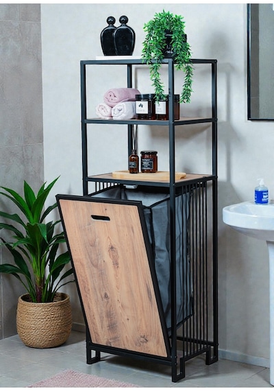Dekoratif Kirli Sepetli Banyo Dolabı Ahşap Raflı Metal Gövdeli 3 Raflı Çamaşır Sepeti Banyo Düzenleyici Organizer Siyah Dekoratif Kirli Sepetli Banyo Dolabı Ahşap Raflı Metal Gövdeli 3 Raflı Çamaşır Sepeti Banyo Düzenleyici Organizer Siyah