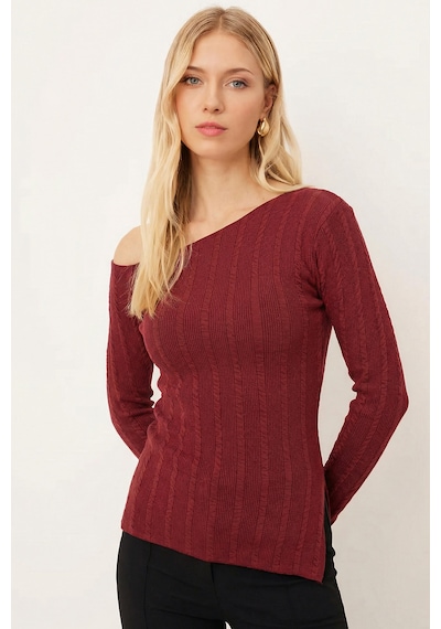 Armonika Kadın Bordo Asimetrik Yaka Yandan Yırtmaçlı Bluz Arm-26k001066