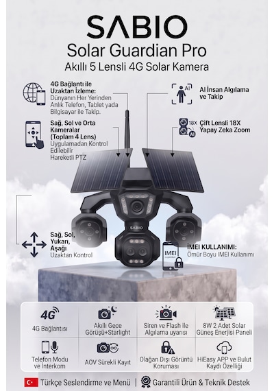 Solar Guardian Pro 5 Lensli 4g Sim Kartlı Solar Panelli Güvenlik Kamerası