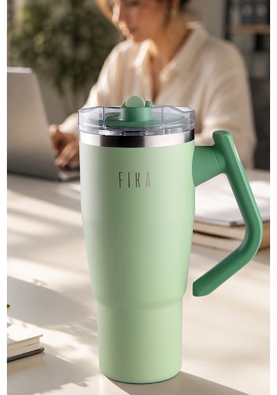 Fika Lumi Patentli Döner Kulplu Sızdırmaz Çift Ağızlıklı Çelik Termos 950 Ml Mint Yeşili
