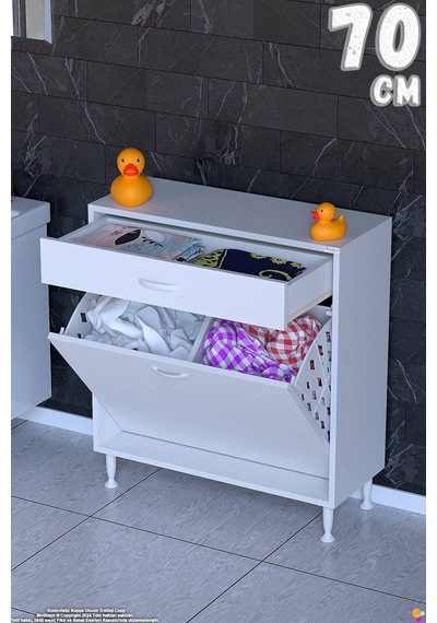 Emir 70 Cm 2 Gözlü Kirli Çamaşır Sepetli Ve Çekmeceli Çok Amaçlı Banyo Dolabı Beyaz