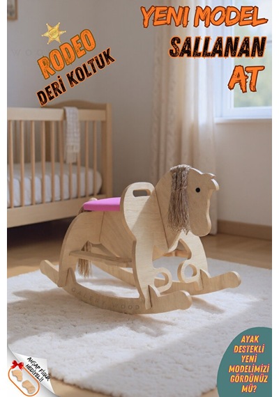 Ahşap Sallanan At-deri Koltuklu-ayak Destekli- Yeni Model -pembe