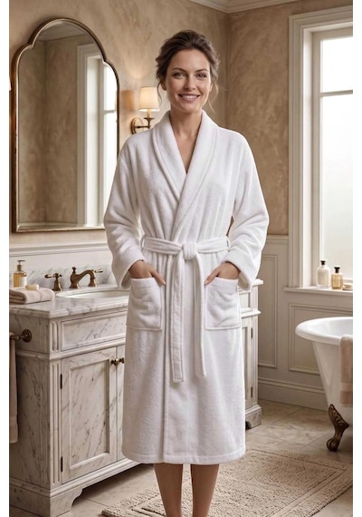 Unisex Şal Yaka Banyo Bornozu %100 Pamuk Beyaz Yetişkin Kadın Erkek S-m