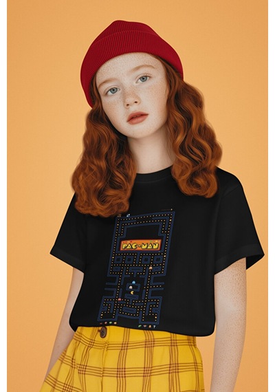 Sevbano Tasarım Pacman Baskılı Unisex Oyun Çocuk Tişört 1-12 Yaş SIYAH