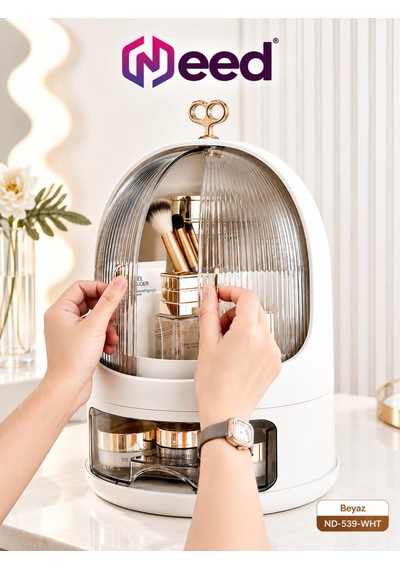 Need Oval Çift Kapaklı Çekmeceli Makyaj Ve Kozmetik Organizeri Beyaz Nd-539-wht