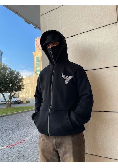 Mbb E-ticaret Erkek 3 İplik Samuray Kapüşonlu Zıp Fermuarlı Sweatshirt Hoodie - Siyah