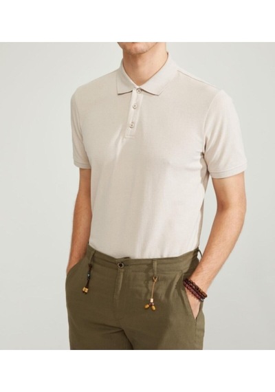 Nacar Store Erkek Mavi Polo Yaka Slimfit Basic Tshirt Krem