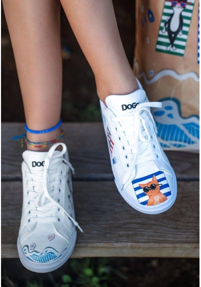 Kadın Vegan Deri Beyaz Sneakers - Cats On The Beach Tasarım Çok Renkli