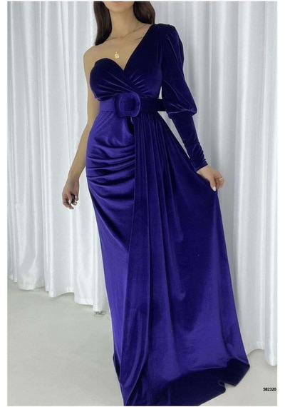 Lior Design Kadın İnce Kadife Kumaş Tek Omuz Kemerli Maxi Abiye Elbise Mor