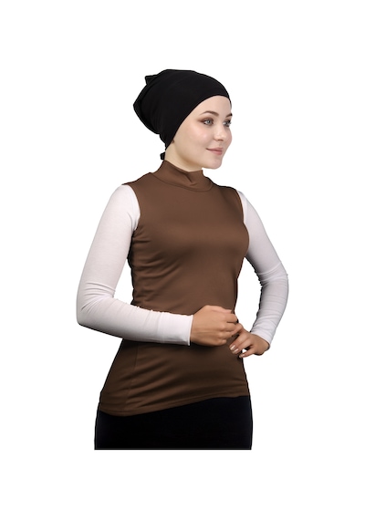 Manolyaşal İslamic Hijab Kolsuz Balıkçı Yakalı Organik Kadın Body Açık Çikolata