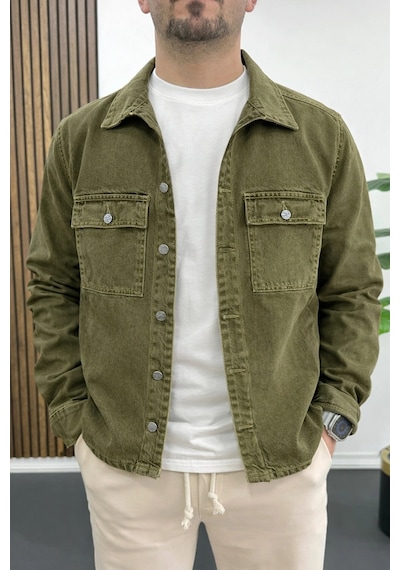 Edwox Erkek Oversize Denim Kot Gömlek Ceket Haki Edw397 Haki Yeşil