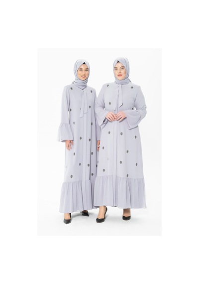 Düğmeli Taşlı Gri Ferace 3007-1