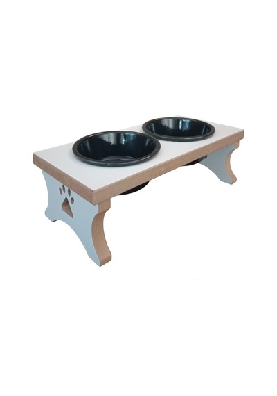 Ahşap Kedi & Köpek Su Ve Mama Kabı Standı - Beyaz Mdf - 2'li Model - Siyah Seramik Kase - 2 400ml