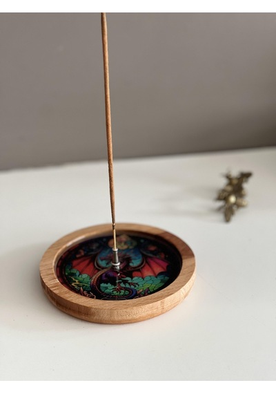 Ahşap Üzerine Epoksi Mandala Desenli Yuvarlak Tütsülük -12 Cm Çap- Ejderha/dragon