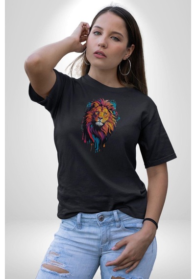 Renkli Yağlı Boya Aslan Unisex Unisex Siyah Organik Baskılı T-shirt Penye Yüksek Kalite Siyah