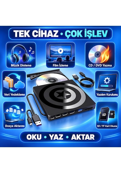 Valkyrie Harici Cd Dvd Okuyucu Yazıcı Usb 3.0 Type-c Hub Sd Tf Kart Okuyucu 4 Usb Portlu İnce Taşınabilir