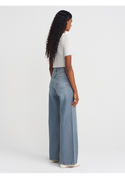 Dilvin 72039 Dökümlü Geniş Denim Pantolon-mavi Mavi