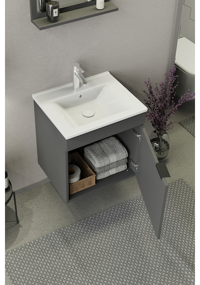 Biani Fix Arya 55 Cm Banyo Dolabı,Seramik Lavabolu, Aynalı,Lavabo Dahil,Mdf,Mat Gri Biani Fix Arya 55 Cm Banyo Dolabı,Seramik Lavabolu, Aynalı,Lavabo Dahil,Mdf,Mat Gri