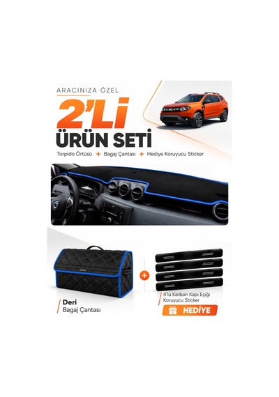 E-biz Dacia Duster 2 Nesil Makyajlı Makyajsız 2018-2023 Torpido + Deri Çanta - Siyah-mavi - Da008