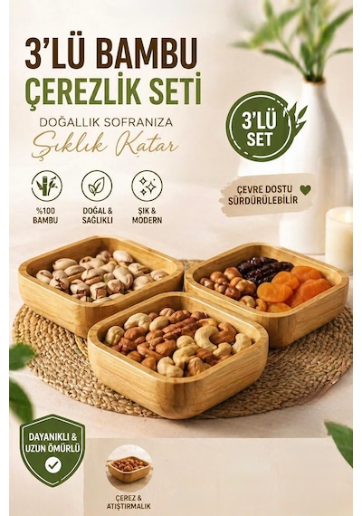 3'lü Doğal Bambu Çerezlik