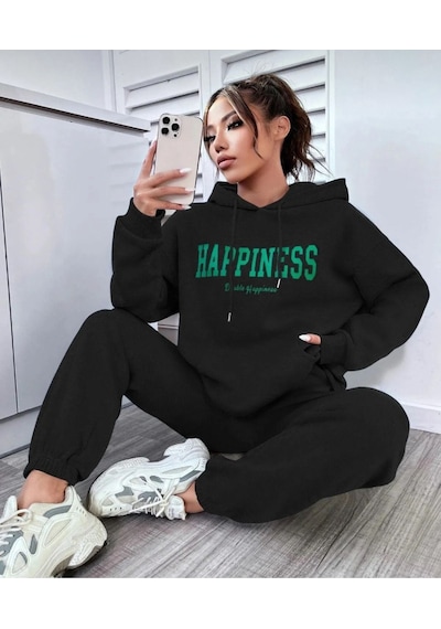 Siyah Happiness Kapüşonlu Kombin Alt Üst Eşofman Takımı Siyah