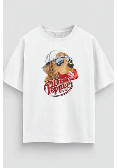 Yolo Street Oversize Köpek Grafik Baskılı Unisex Tişört %100 Pamuk Streetwear Beyaz