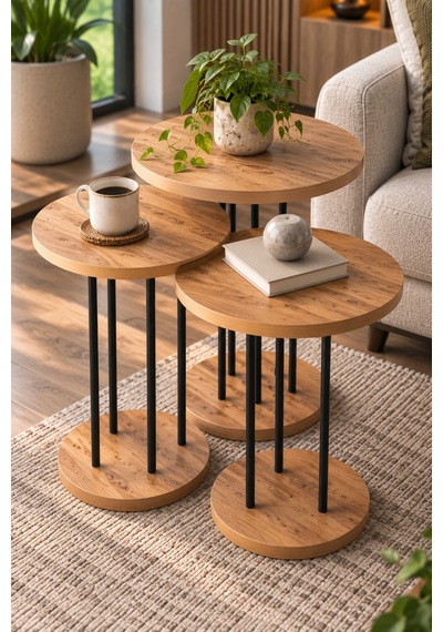 Sulorahome Çam Desenli Metal Ayaklı Yuvarlak Zigon Sehpa Takımı 3'lü