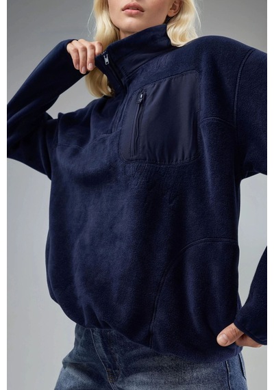 Hiccup Busem Fermuarlı Yakalı Peluş Örme Sweatshirt, Cepli Lacivert