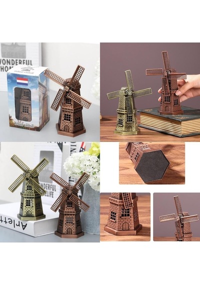 Vintage Metal Hollanda Yel Değirmeni Biblo Antik Bakır 17 Cm
