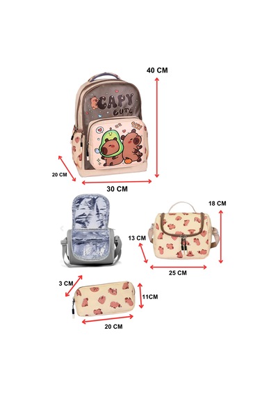 3 Lü İlkokul Capy Cute Baskılı, Erkek Çocuk Beslenmeli Ve Kalemlikli Okul Çantası Bej