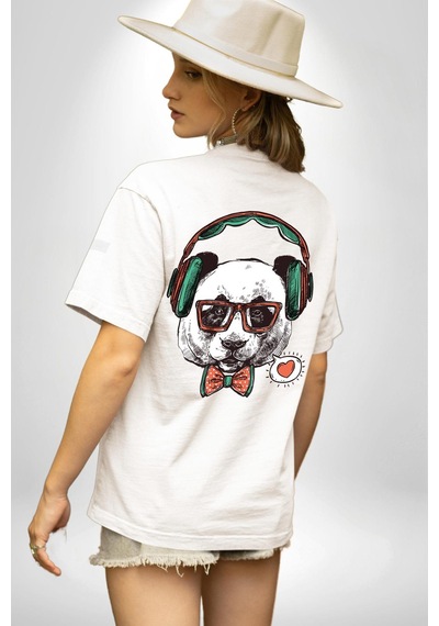 Kulaklıklı Hipster Portre Panda Beyaz Oversize Unisex Ön Ve Sırt Baskılı Tişört Beyaz