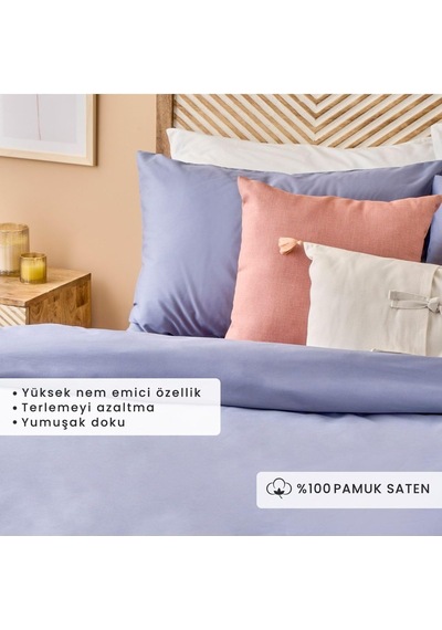 %100 Pamuk Saten Supreme Çift Kişilik Nevresim Seti, Mavi, 200 X 220 Genel