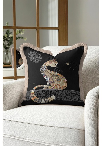 Barok Patchwork Kedi Saçaklı Yastık Kılıfı - Siyah Zarif Bohem Altın Renkli Püsküllü Kırlent Kılıfı Yosunlu Koyu Bej Barok Patchwork Kedi Saçaklı Yastık Kılıfı - Siyah Zarif Bohem Altın Renkli Püsküllü Kırlent Kılıfı Yosunlu Koyu Bej